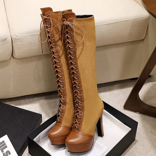 Elegant Gothic Lace-Up Knee Boots Vintage Style Platform Heels for Women