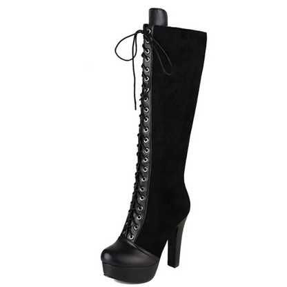 Elegant Gothic Lace-Up Knee Boots Vintage Style Platform Heels for Women