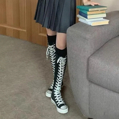 Women’s High Top Lace-Up Canvas Shoes Korean Fashion Long Boot Sneakers