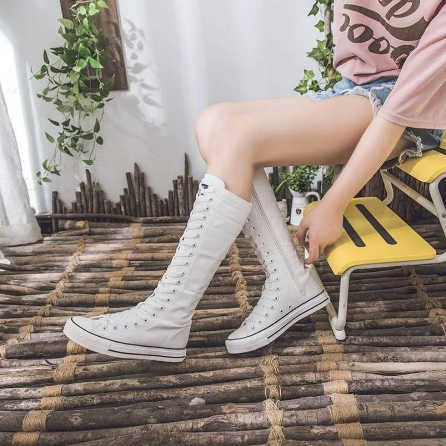 Women’s High Top Lace-Up Canvas Shoes Korean Fashion Long Boot Sneakers
