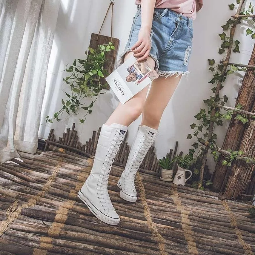 Women’s High Top Lace-Up Canvas Shoes Korean Fashion Long Boot Sneakers