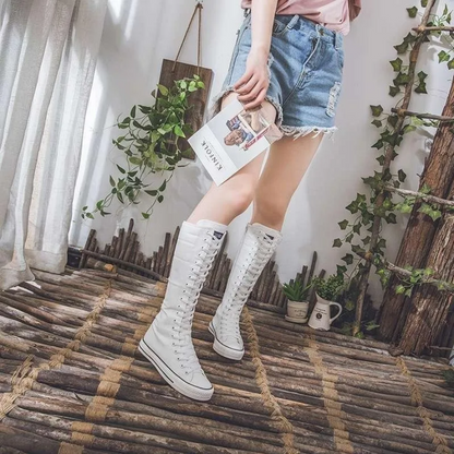 Women’s High Top Lace-Up Canvas Shoes Korean Fashion Long Boot Sneakers
