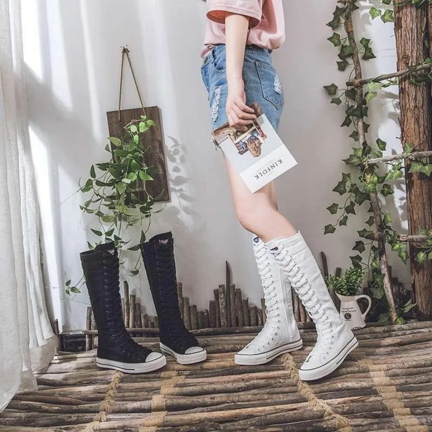Women’s High Top Lace-Up Canvas Shoes Korean Fashion Long Boot Sneakers