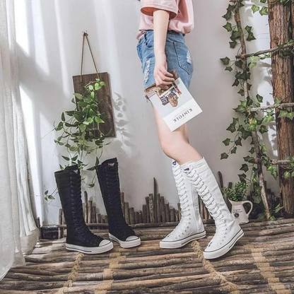 Women’s High Top Lace-Up Canvas Shoes Korean Fashion Long Boot Sneakers