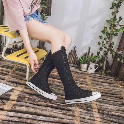 Women’s High Top Lace-Up Canvas Shoes Korean Fashion Long Boot Sneakers