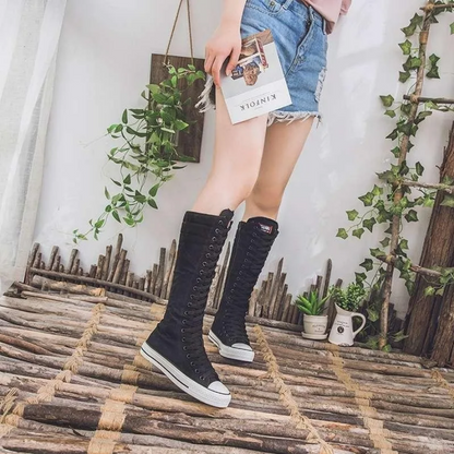 Women’s High Top Lace-Up Canvas Shoes Korean Fashion Long Boot Sneakers