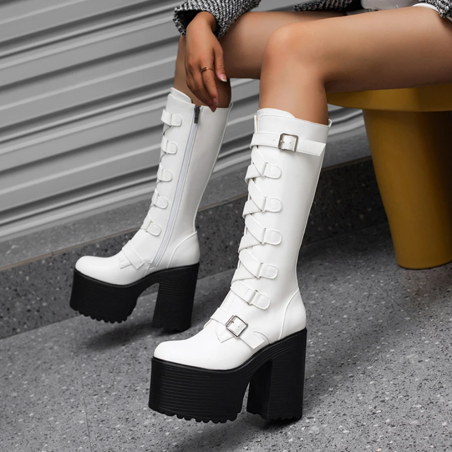 Gothic Platform Knee High Punk Heeled Black Leather Boots