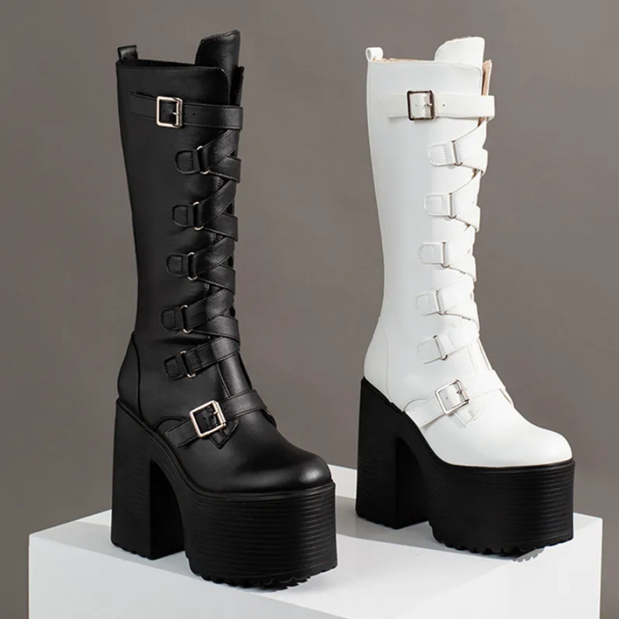 Gothic Platform Knee High Punk Heeled Black Leather Boots