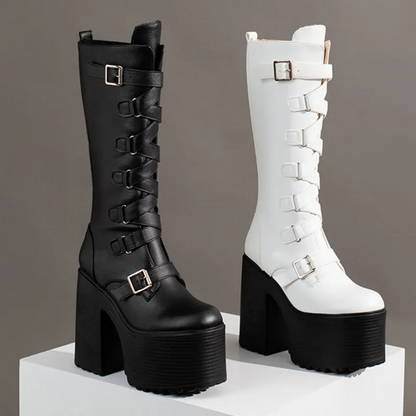 Gothic Platform Knee High Punk Heeled Black Leather Boots