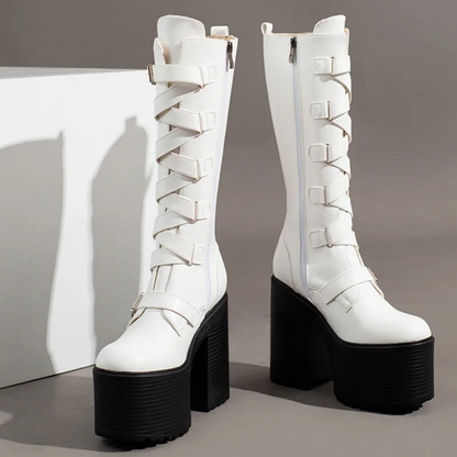 Gothic Platform Knee High Punk Heeled Black Leather Boots