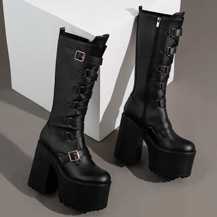 Gothic Platform Knee High Punk Heeled Black Leather Boots