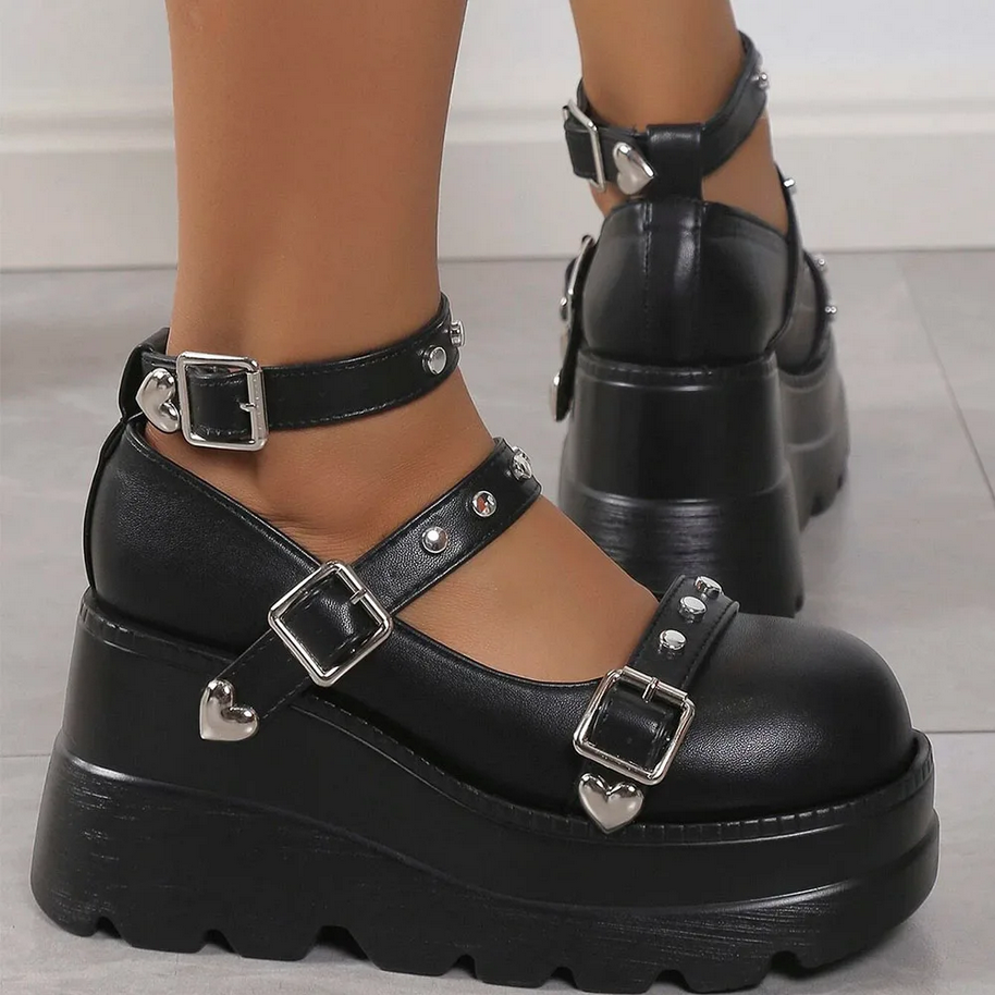 Black Studded Punk Heels Gothic Platform for Women