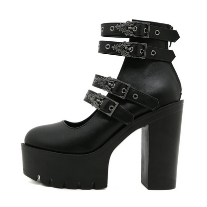 Goth Block Heels  Buckle Strap Pumps for Women