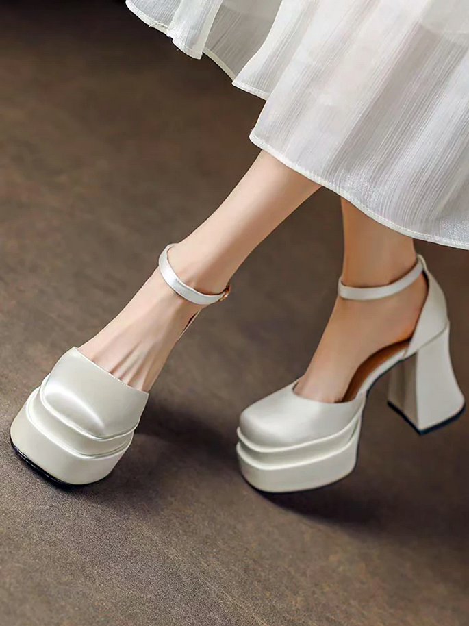 Women's Chunky Platform Block Heels  Square Toe Ankle Strap High Heels