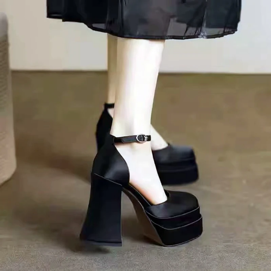 Women's Chunky Platform Block Heels  Square Toe Ankle Strap High Heels