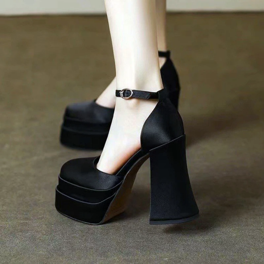 Women's Chunky Platform Block Heels  Square Toe Ankle Strap High Heels