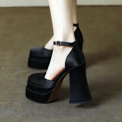 Women's Chunky Platform Block Heels  Square Toe Ankle Strap High Heels