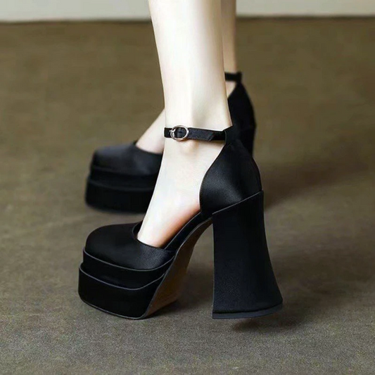 Women's Chunky Platform Block Heels  Square Toe Ankle Strap High Heels