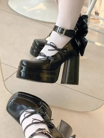 Retro Mary Jane Platform Shoes  Elegant Waterproof Big Bow Women's Heels