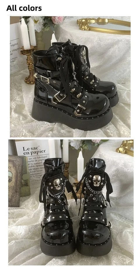 Punk Rivet Motorcycle Boots - Women's Thick Bottom Round Toe Short Boots