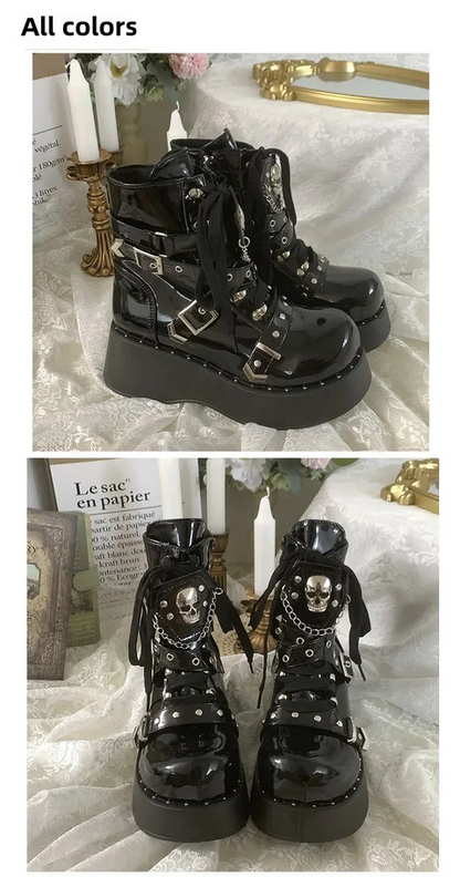 Punk Rivet Motorcycle Boots - Women's Thick Bottom Round Toe Short Boots