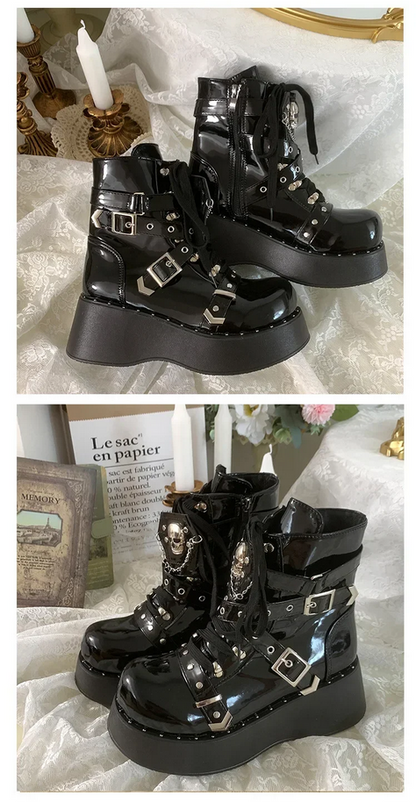 Punk Rivet Motorcycle Boots - Women's Thick Bottom Round Toe Short Boots