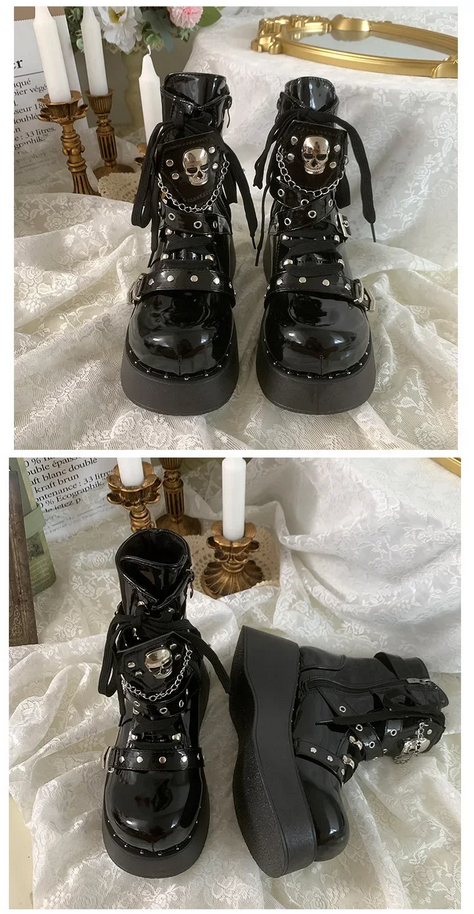 Punk Rivet Motorcycle Boots - Women's Thick Bottom Round Toe Short Boots