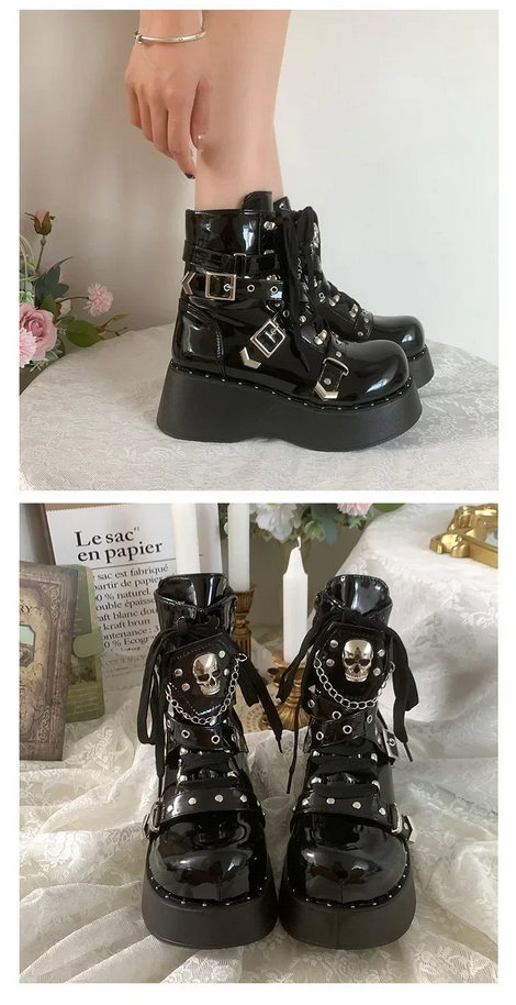 Punk Rivet Motorcycle Boots - Women's Thick Bottom Round Toe Short Boots