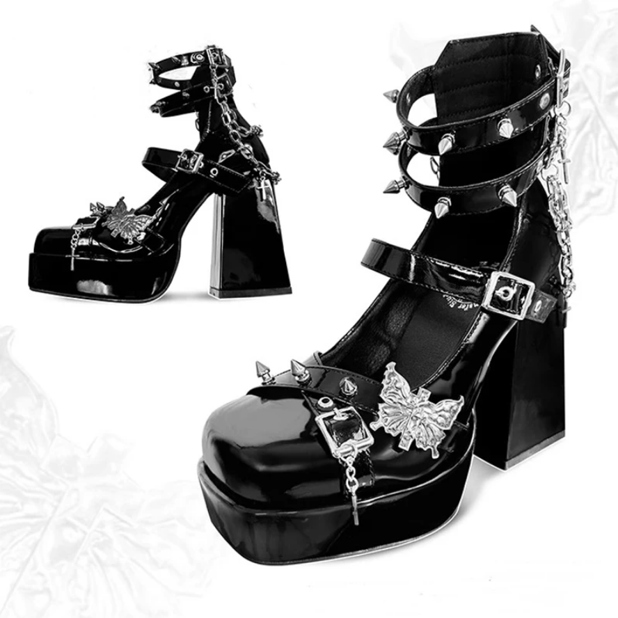 Punk Gothic High Heel Pumps Patent Leather Black Lolita Y2K Ankle Strap Shoes