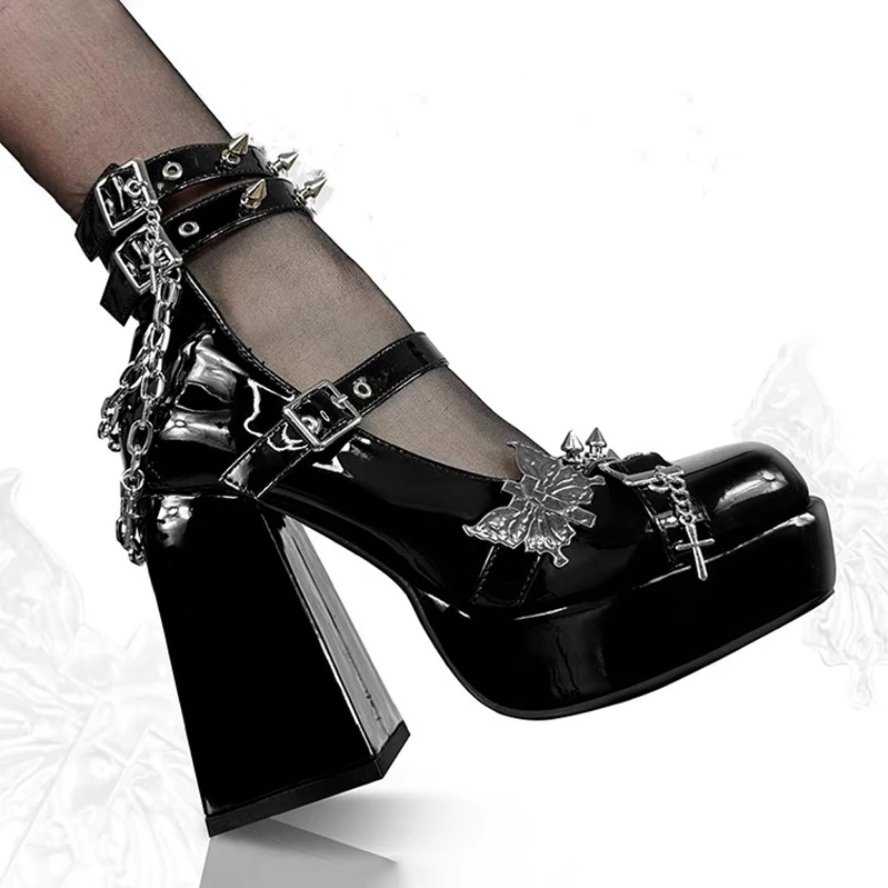 Punk Gothic High Heel Pumps Patent Leather Black Lolita Y2K Ankle Strap Shoes