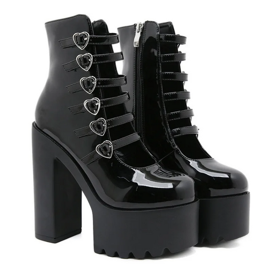 Block Heel Pumps Fashion Buckle Strap Heart Design Dress Shoes for Women