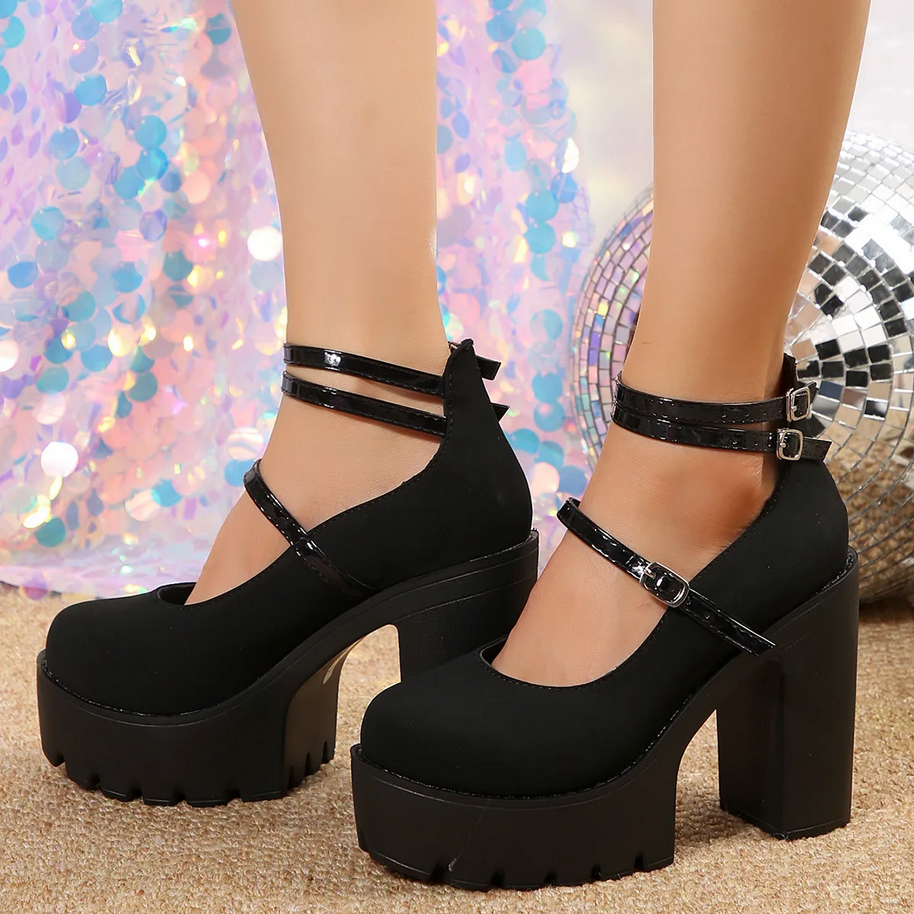 Chunky Platform Pumps - Sweet Ankle Strap Square Heel High Heels for Women