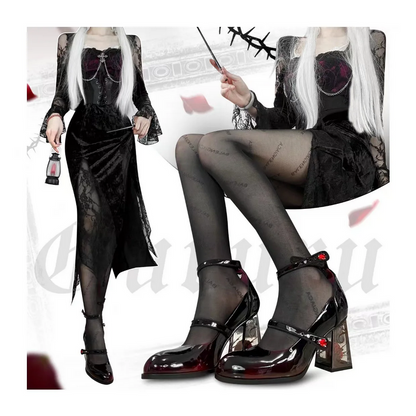 Punk Gothic High Heel Pumps - Rose Heeled Leather Lolita Shoes for Women