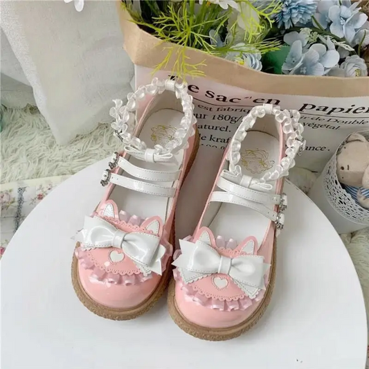 Sweet Lolita Flat Platform Shoes Strawberry Bowknot Lace