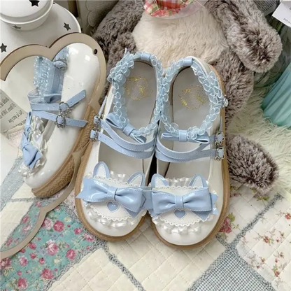 Sweet Lolita Flat Platform Shoes Strawberry Bowknot Lace