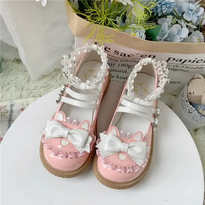 Sweet Lolita Flat Platform Shoes Strawberry Bowknot Lace