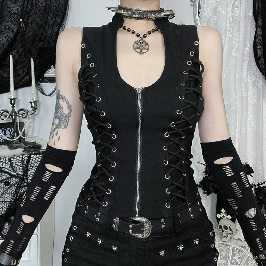 Goth Dark Punk Sleeveless Tank Top - Bandage Corn Design Streetwear for Women