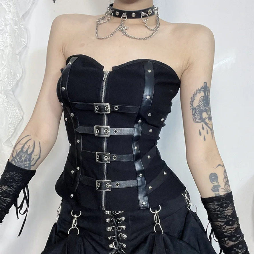 Goth Dark Punk Leather Corset Top Grunge Buckle Strapless Corset