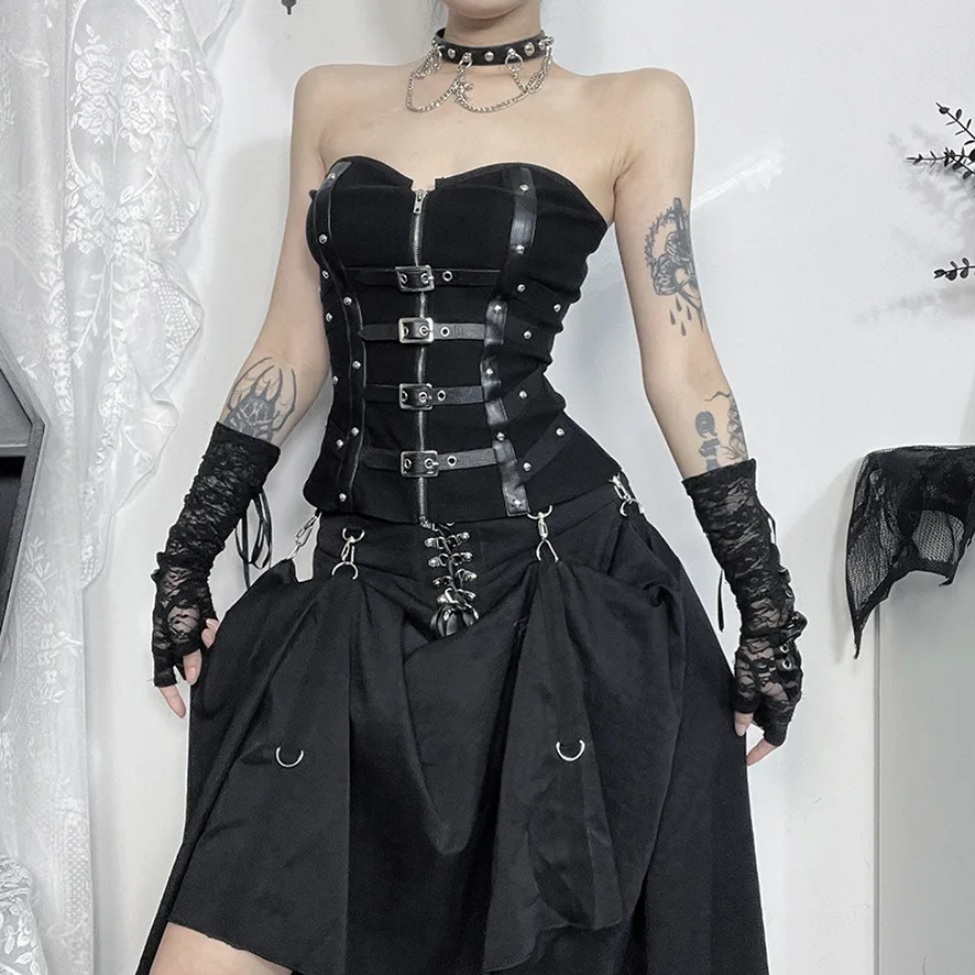 Goth Dark Punk Leather Corset Top Grunge Buckle Strapless Corset