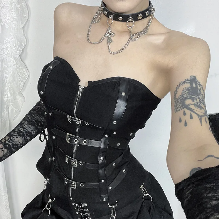 Goth Dark Punk Leather Corset Top Grunge Buckle Strapless Corset