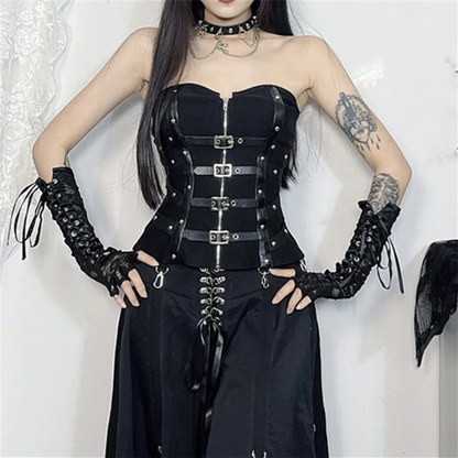 Goth Dark Punk Leather Corset Top Grunge Buckle Strapless Corset
