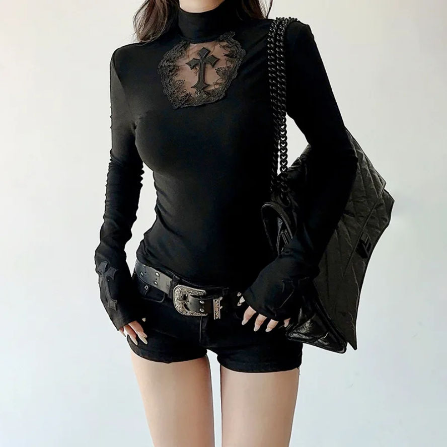 Goth Dark Elegant Mesh Patchwork T-Shirt  Cross Design Turtleneck Pullover Top
