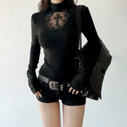 Goth Dark Elegant Mesh Patchwork T-Shirt  Cross Design Turtleneck Pullover Top