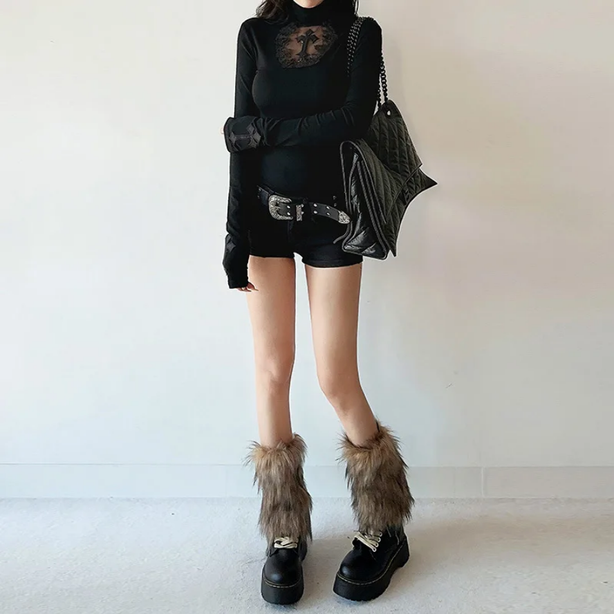 Goth Dark Elegant Mesh Patchwork T-Shirt  Cross Design Turtleneck Pullover Top