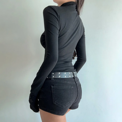 Goth Dark Elegant Mesh Patchwork T-Shirt  Cross Design Turtleneck Pullover Top