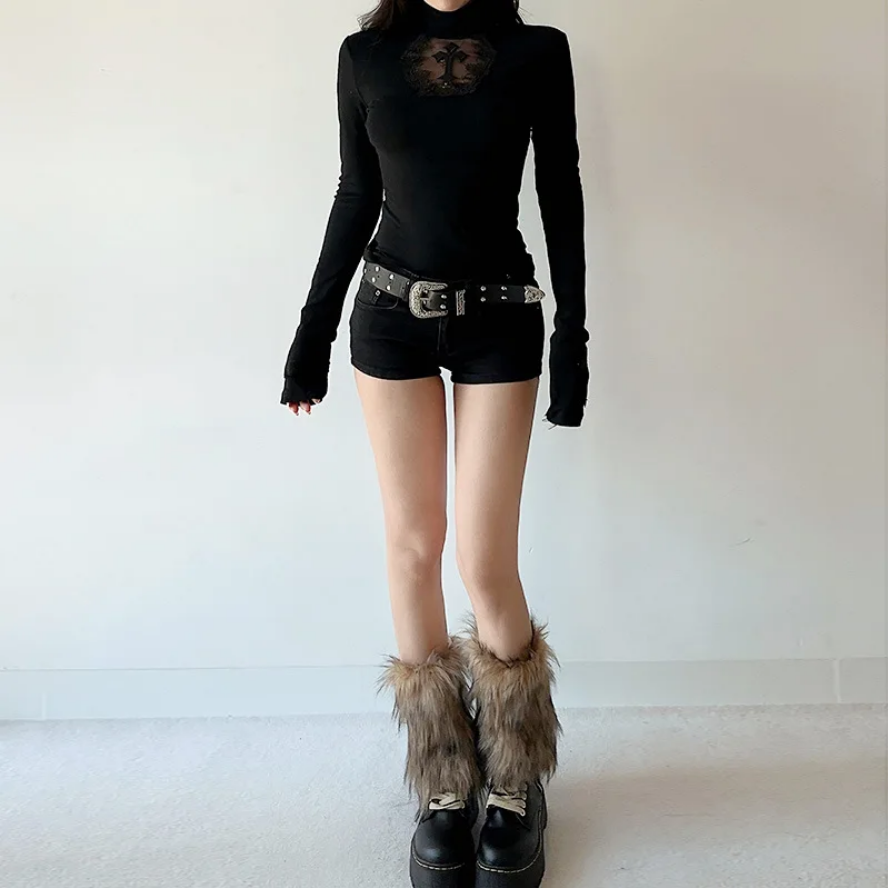 Goth Dark Elegant Mesh Patchwork T-Shirt  Cross Design Turtleneck Pullover Top