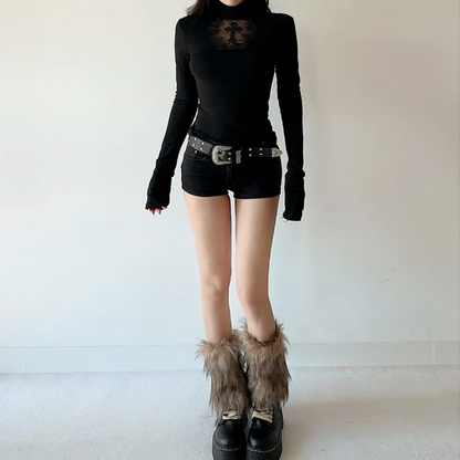 Goth Dark Elegant Mesh Patchwork T-Shirt  Cross Design Turtleneck Pullover Top