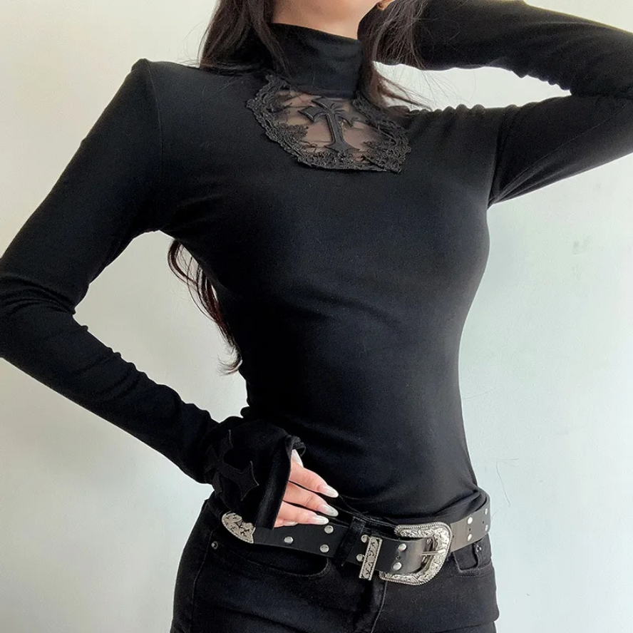 Goth Dark Elegant Mesh Patchwork T-Shirt  Cross Design Turtleneck Pullover Top