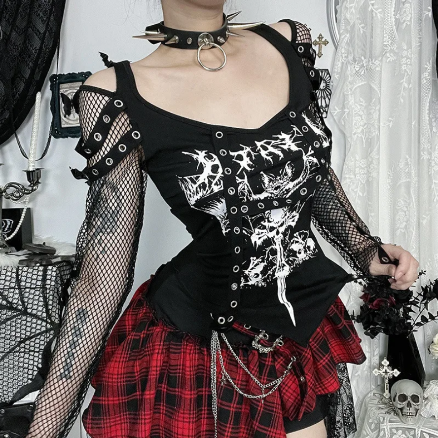 Gothic Fishnet Stitch Long Sleeve T-Shirt  Alt Techwear Punk Grunge Top for Women