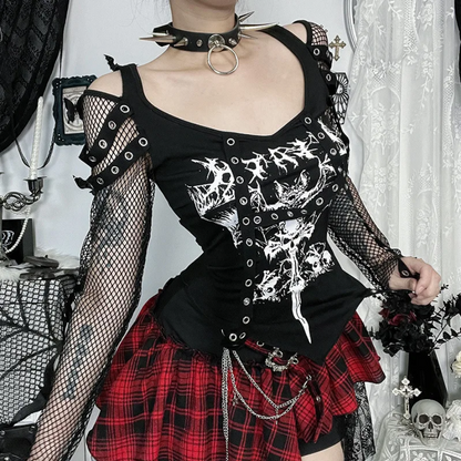 Gothic Fishnet Stitch Long Sleeve T-Shirt  Alt Techwear Punk Grunge Top for Women